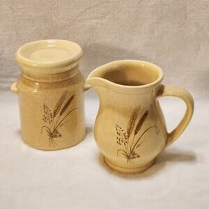 Vtg Hyalyn Pottery Sugar Creamer Set Beige Speckled Wheat Sheaf Country Style
